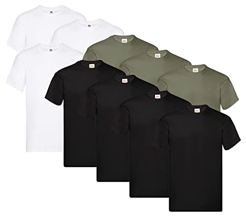 Fruit of the Loom Herren Original T. T-Shirt (10er Pack), Farbe:4X Schwarz + 3X Weiss + 3X Olive + 1 HL Kauf Notizblock, Größe:L von Fruit of the Loom