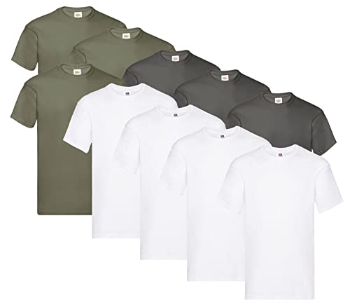 Fruit of the Loom Herren Original T. T-Shirt (10er Pack), Farbe:4X Weiss + 3X Graphit + 3X Olive + 1 HL Kauf Notizblock, Größe:M von Fruit of the Loom