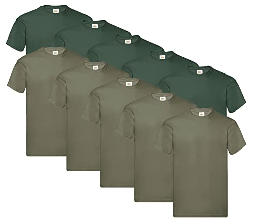 Fruit of the Loom Herren Original T. T-Shirt (10er Pack), Farbe:5X Flaschengrün + 5X Olive + 1 HL Kauf Notizblock, Größe:XL von Fruit of the Loom