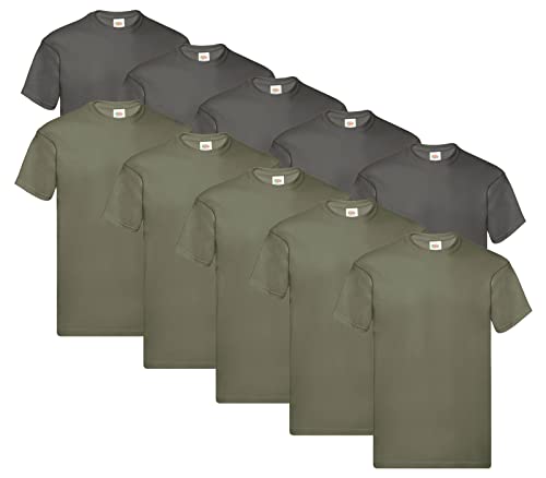 Fruit of the Loom Herren Original T. T-Shirt (10er Pack), Farbe:5X Graphit + 5X Olive + 1 HL Kauf Notizblock, Größe:L von Fruit of the Loom