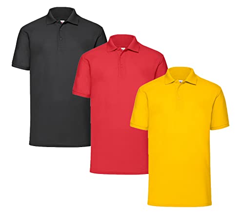 Fruit of the Loom Herren Poloshirt (3erPack) (L, 1x Schwarz + 1x Rot + 1x Gelb + 1 HL Kauf Notizblock) von Fruit of the Loom