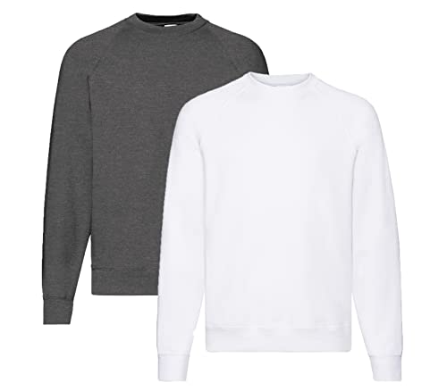 Fruit of the Loom Herren Raglan Sweat Sweatshirt L, 1x Weiss + 1x Dark Heather + 1 HL-Kauf Notizblock von Fruit of the Loom