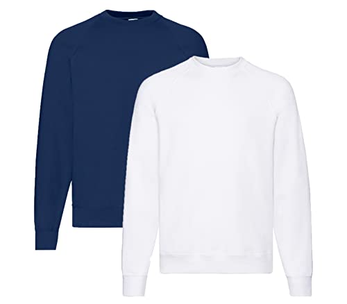 Fruit of the Loom Herren Raglan Sweat Sweatshirt L, 1x Weiss + 1x Navy + 1 HL-Kauf Notizblock von Fruit of the Loom