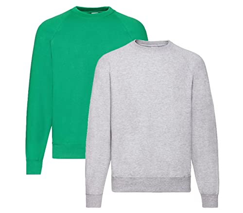 Fruit of the Loom Herren Raglan Sweat Sweatshirt M, 1x Maigruen + 1x Grau + 1 HL-Kauf Notizblock von Fruit of the Loom