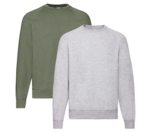 Fruit of the Loom Herren Raglan Sweat Sweatshirt M, 1x Olive + 1x Grau + 1 HL-Kauf Notizblock von Fruit of the Loom