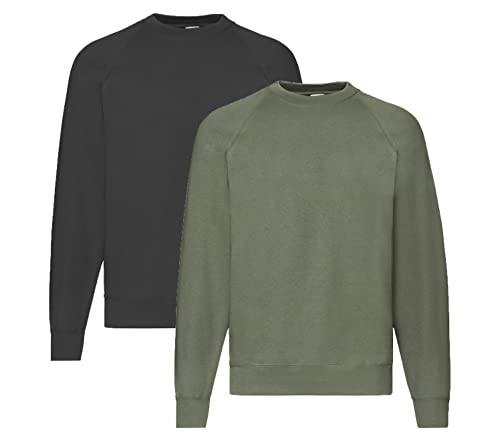 Fruit of the Loom Herren Raglan Sweat Sweatshirt M, 1x Olive + 1x Schwarz + 1 HL-Kauf Notizblock von Fruit of the Loom