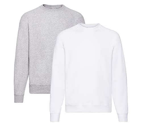 Fruit of the Loom Herren Raglan Sweat Sweatshirt XL, 1x Weiss + 1x Grau + 1 HL-Kauf Notizblock von Fruit of the Loom