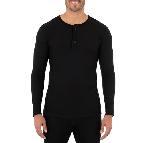 Fruit of the Loom Herren Recycelte Waffel Thermounterwäsche Henley Top (1er und 2er Packung) Pyjamaoberteil, Schwarz, XL von Fruit of the Loom