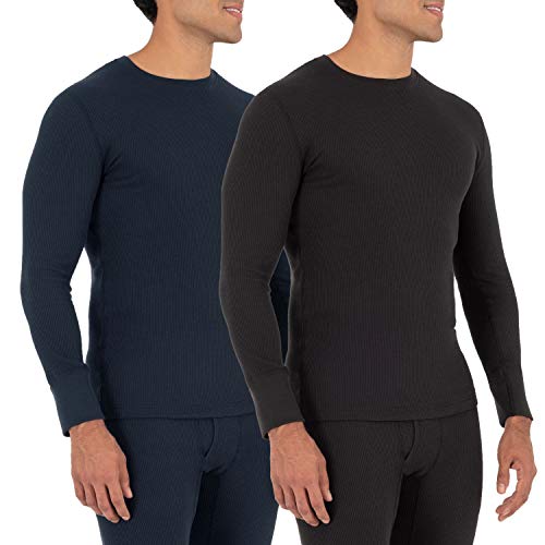 Fruit of the Loom Herren Recycelte Waffel-thermounterwäsche mit Rundhalsausschnitt (1er und 2er-Pack) Pyjamaoberteil, Schwarz/Marineblau, Mittel von Fruit of the Loom