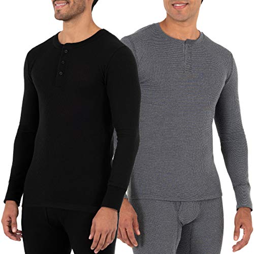 Fruit of the Loom Herren Recycelte Waffel Thermounterwäsche Henley Top (1er und 2er Packung) Pyjamaoberteil, Schwarz/Greystone Heather, Mittel von Fruit of the Loom