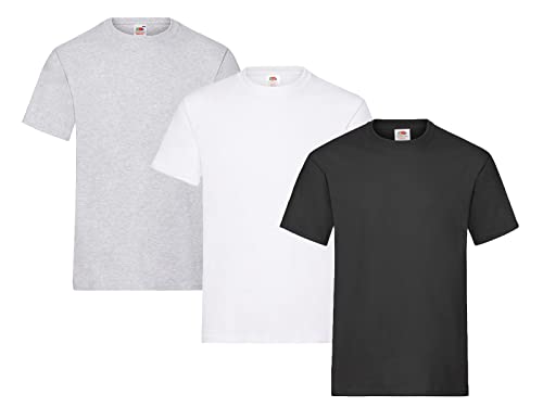 Fruit of the Loom Herren T-Shirt, 3er Pack, Gr. 3XL, 1x Schwarz, 1x Weiss, 1x Grau & 1 HL Kauf Notizblock von Fruit of the Loom