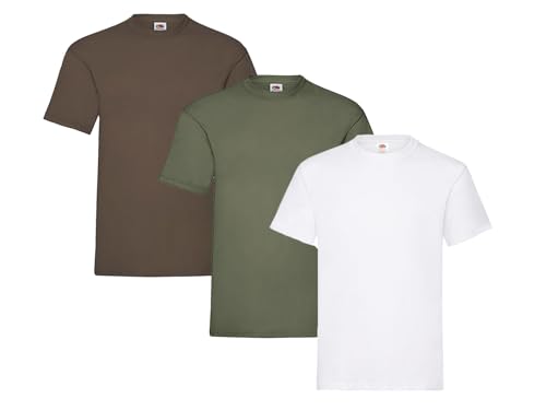 Fruit of the Loom Herren T-Shirt, 3er Pack, Gr. 3XL, 1x Weiss, 1x Olive, 1x Schoko & 1 HL Kauf Notizblock von Fruit of the Loom