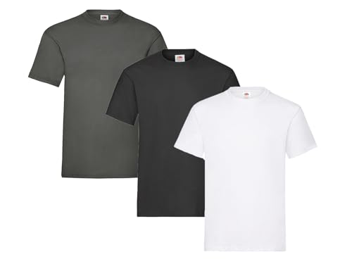 Fruit of the Loom Herren T-Shirt, 3er Pack, Gr. L, 1x Weiss, 1x Schwarz, 1x Graphit & 1 HL Kauf Notizblock von Fruit of the Loom