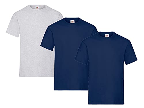 Fruit of the Loom Herren T-Shirt, 3er Pack, Gr. L, 2X Navy, 1x Grau & 1 HL Kauf Notizblock von Fruit of the Loom