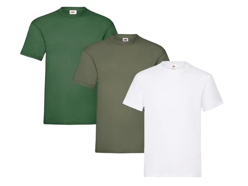 Fruit of the Loom Herren Heavy T-Shirt 3er Pack, 1 x Weiß, 1 x Flaschengrün, 1 x Oliv und 1 HL Kauf Notizblock, M von Fruit of the Loom