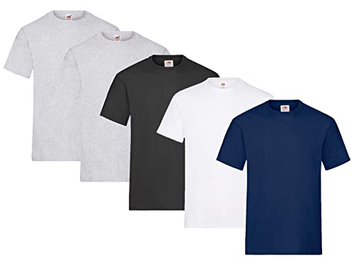 Fruit of the Loom Herren T-Shirt Heavy T auch Farbsets M L XL XXL 3XL 5 Pack,2X Grau + 1x Schwarz + 1x Weiss + 1x Navy + 1 HL Kauf Notizblock-L von Fruit of the Loom