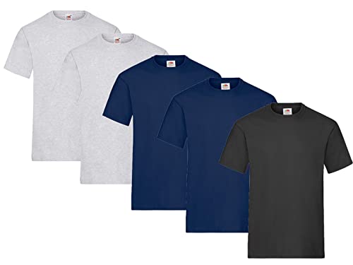 Fruit of the Loom Herren T-Shirt Heavy T auch Farbsets M L XL XXL 3XL 5 Pack,2X Grau + 2X Navy + 1x Schwarz + 1 HL Kauf Notizblock-L von Fruit of the Loom