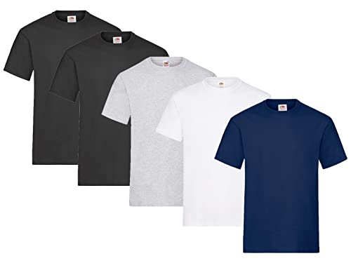 Fruit of the Loom Herren T-Shirt Heavy T auch Farbsets M L XL XXL 3XL 5 Pack,2X Schwarz + 1x Weiss + 1x Grau + 1x Navy + 1 HL Kauf Notizblock-L von Fruit of the Loom