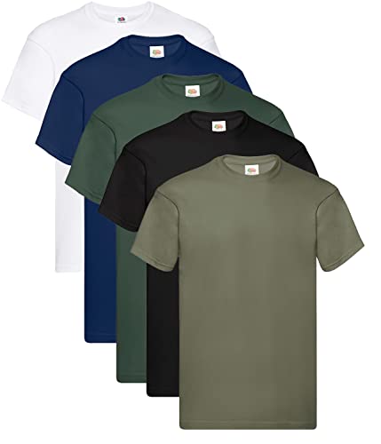 Fruit of the Loom Herren T-Shirt Original T 61-082-0, 1Weiss 1Olive 1Flasche 1Schwarz 1Navy, M (5er Pack) + 1HL-Kauf Notizblock von Fruit of the Loom