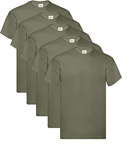 Fruit of the Loom Herren T-Shirt Original T 61-082-0, 5 Olive, M (5er Pack) + 1HL-Kauf Notizblock von Fruit of the Loom