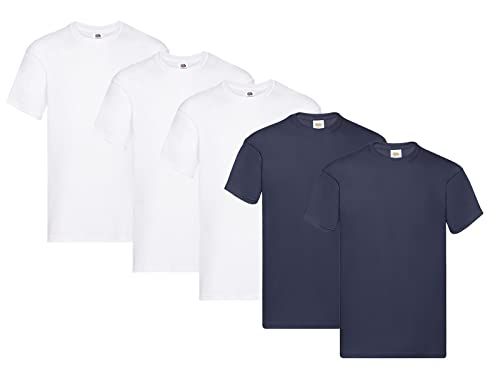 Fruit of the Loom Herren T-Shirt Original T 61-082-0 3Weiss 2DeepNavy, M (5er Pack) + 1HL-Kauf Notizblock von Fruit of the Loom