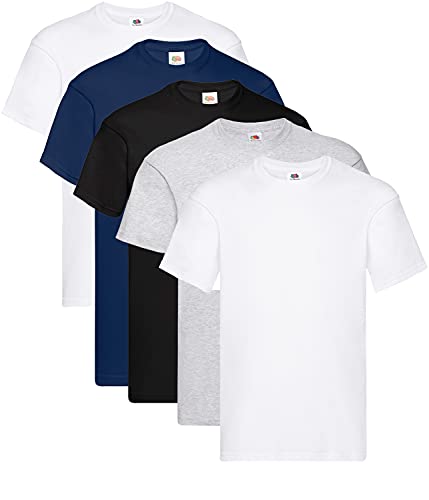 Fruit of the Loom Herren T-Shirt Original T M L XL XXL 3XL 4XL 5XL auch Farbsets, 2Weiss 1Schwarz 1Grau 1Navy, M (5er Pack) + 1HL-Kauf Notizblock von Fruit of the Loom