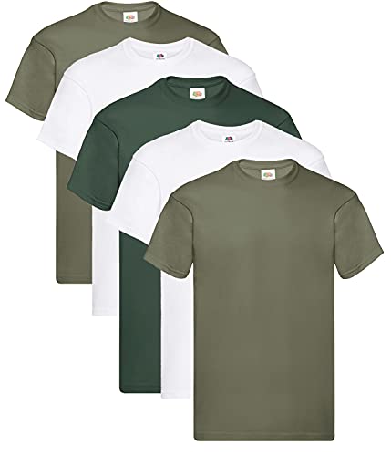 Fruit of the Loom Herren T-Shirt Original T M L XL XXL 3XL 4XL 5XL auch Farbsets, 2Weiss 2Olive 1Flaschengrün, 3XL (5er Pack) + 1HL-Kauf Notizblock von Fruit of the Loom