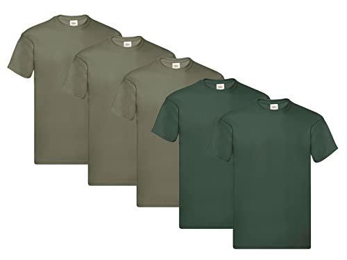 Fruit of the Loom Herren T-Shirt Original T M L XL XXL 3XL 4XL 5XL auch Farbsets, 3Olive 2Flaschengrün, XXL (5er Pack) + 1HL-Kauf Notizblock von Fruit of the Loom