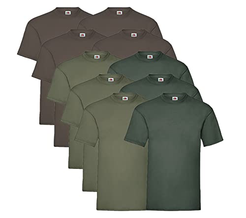 Fruit of the Loom Herren T-Shirt Valueweight, 10er Pack, 4 Schoko / 3 Olive / 3 Flaschengrün + 1 HL Kauf Notizblock, 3XL von Fruit of the Loom