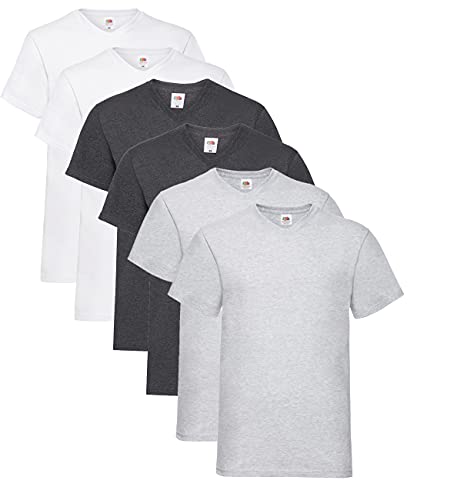 Fruit of the Loom Herren- V-Neck T-Shirt M L XL XXL 3XL 4XL 5XL Farbsets, 2Weiss 2D.Heather 2Grau (6 Pack) + 1 HL Kauf Notizblock, XXL (6er Pack) von Fruit of the Loom