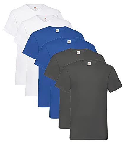 Fruit of the Loom Herren- V-Neck T-Shirt M L XL XXL 3XL 4XL 5XL Farbsets, 2Graphit 2Royal 2Weiss (6 Pack) + 1 HL Kauf Notizblock, L (6er Pack) von Fruit of the Loom