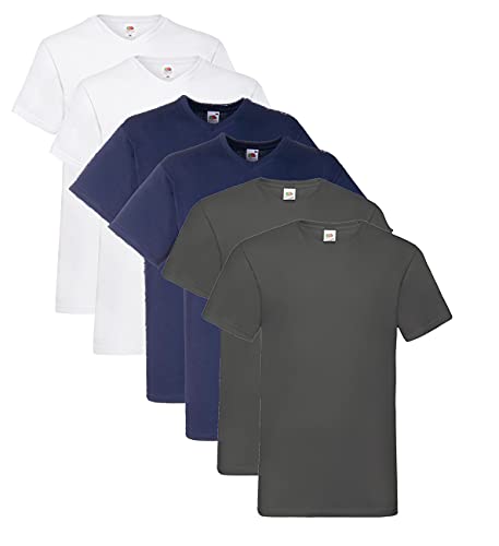 Fruit of the Loom Herren- V-Neck T-Shirt M L XL XXL 3XL 4XL 5XL auch Farbsets, 2Navy 2Graphit 2Weiss (6 Pack) + 1 HL Kauf Notizblock, L (6er Pack) von Fruit of the Loom