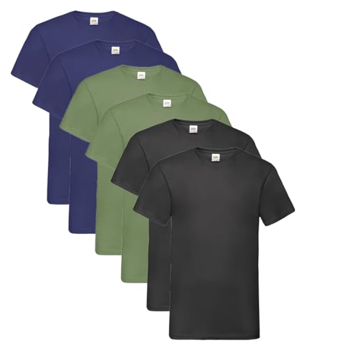 Fruit of the Loom Herren- V-Neck T-Shirt M L XL XXL 3XL 4XL 5XL Farbsets, 2Navy 2Olive 2Schwarz (6 Pack) + 1 HL Kauf Notizblock, XXL (6er Pack) von Fruit of the Loom