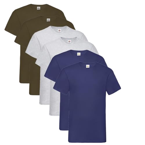 Fruit of the Loom Herren- V-Neck T-Shirt M L XL XXL 3XL 4XL 5XL Farbsets, 2Schoko 2Grau 2Navy (6 Pack) + 1 HL Kauf Notizblock, L (6er Pack) von Fruit of the Loom