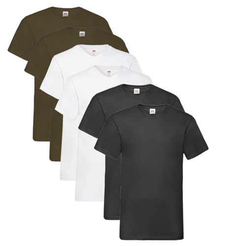 Fruit of the Loom Herren- V-Neck T-Shirt M L XL XXL 3XL 4XL 5XL Farbsets, 2Schwarz 2Weiss 2Schoko (6 Pack) + 1 HL Kauf Notizblock, M (6er Pack) von Fruit of the Loom