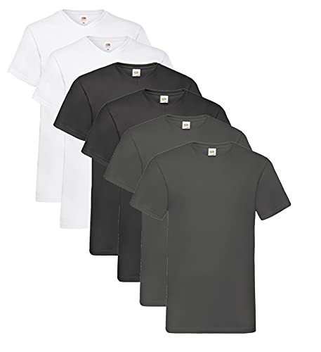 Fruit of the Loom Herren- V-Neck T-Shirt M L XL XXL 3XL 4XL 5XL auch Farbsets, 2Weiss 2Graphit 2Schwarz (6 Pack) + 1 HL Kauf Notizblock, L (6er Pack) von Fruit of the Loom