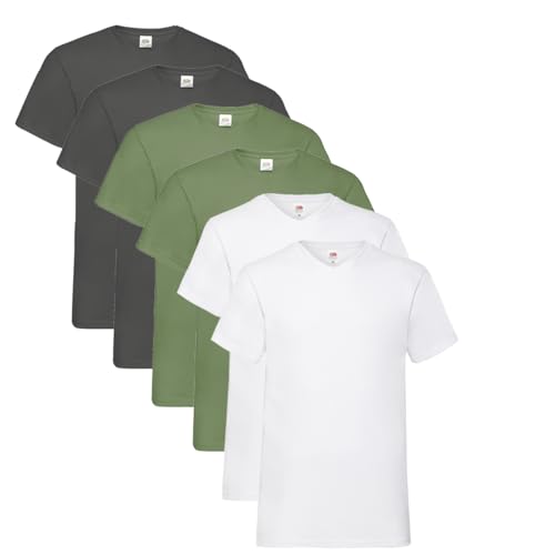 Fruit of the Loom Herren- V-Neck T-Shirt M L XL XXL 3XL 4XL 5XL Farbsets, 2Weiss 2Olive 2Anthrazit (6 Pack) + 1 HL Kauf Notizblock, XL (6er Pack) von Fruit of the Loom