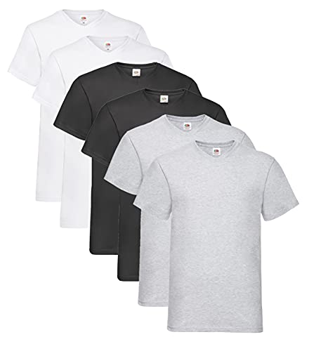Fruit of the Loom Herren- V-Neck T-Shirt M L XL XXL 3XL 4XL 5XL Farbsets, 2Weiss 2Schwarz 2Grau (6 Pack) + 1 HL Kauf Notizblock, L (6er Pack) von Fruit of the Loom