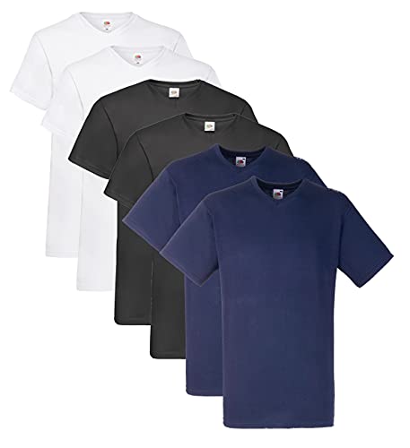 Fruit of the Loom Herren- V-Neck T-Shirt M L XL XXL 3XL 4XL 5XL Farbsets, 2Weiss 2Schwarz 2Navy (6 Pack) + 1 HL Kauf Notizblock, XXL (6er Pack) von Fruit of the Loom