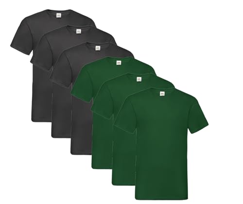 Fruit of the Loom Herren- V-Neck T-Shirt M L XL XXL 3XL 4XL 5XL Farbsets, 3Schwarz 3Flaschengrün (6 Pack) + 1 HL Kauf Notizblock, M (6er Pack) von Fruit of the Loom