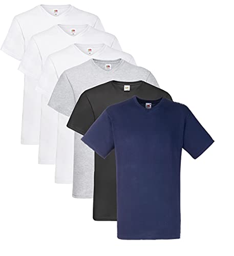 Fruit of the Loom Herren- V-Neck T-Shirt M L XL XXL 3XL 4XL 5XL Farbsets, 3Weiss 1Schwarz 1Navy 1Grau (6 Pack) + 1 HL Kauf Notizblock, L (6er Pack) von Fruit of the Loom