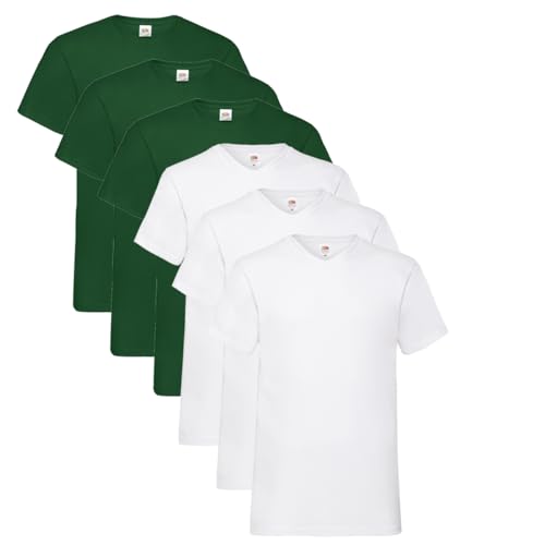 Fruit of the Loom Herren- V-Neck T-Shirt M L XL XXL 3XL 4XL 5XL Farbsets, 3Weiss 3Flaschengrün (6 Pack) + 1 HL Kauf Notizblock, M (6er Pack) von Fruit of the Loom