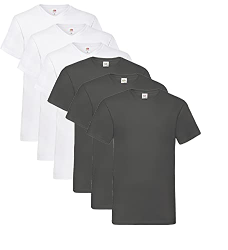 Fruit of the Loom Herren- V-Neck T-Shirt M L XL XXL 3XL 4XL 5XL Farbsets, 3Weiss 3Graphit (6 Pack) + 1 HL Kauf Notizblock, L (6er Pack) von Fruit of the Loom