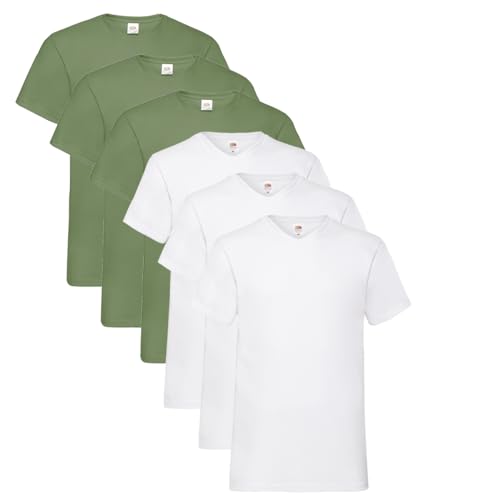 Fruit of the Loom Herren- V-Neck T-Shirt M L XL XXL 3XL 4XL 5XL Farbsets, 3Weiss 3Olive (6 Pack) + 1 HL Kauf Notizblock, L (6er Pack) von Fruit of the Loom
