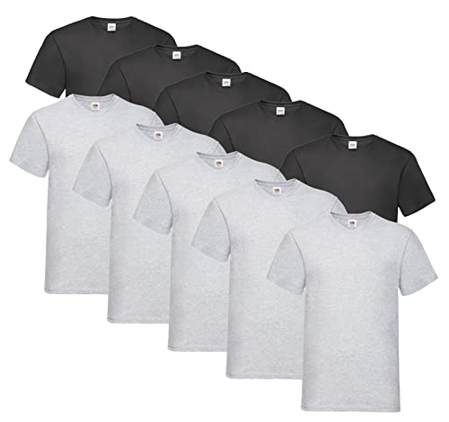 Fruit of the Loom Herren V-Neck Valueweight T-Shirt (10er Pack) (3XL, 5X Schwarz, 5X Grau + 1 HLKauf Block) von Fruit of the Loom