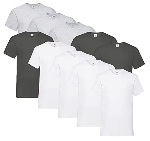 Fruit of the Loom Herren V-Neck Valueweight T-Shirt (10er Pack) (L, 4X Weiss, 3X Grau, 3X Graphit + 1 HLKauf Block) von Fruit of the Loom