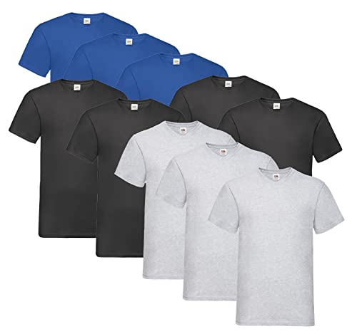 Fruit of the Loom Herren V-Neck Valueweight T-Shirt (10er Pack) (M, 4X Schwarz, 3X Grau, 3X Royal + 1 HLKauf Block) von Fruit of the Loom