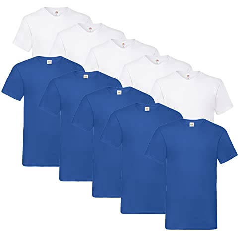 Fruit of the Loom Herren V-Neck Valueweight T-Shirt (10er Pack) (XXL, 5X Weiss, 5X Royal + 1 HLKauf Block) von Fruit of the Loom