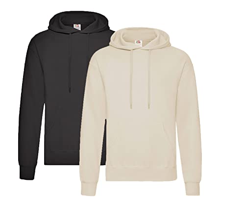 Fruit of the Loom Hooded Sweat S M L XL XXL XXL, 1x Schwarz + 1x Natur + 1x HL-Kauf Notizblock, M von Fruit of the Loom