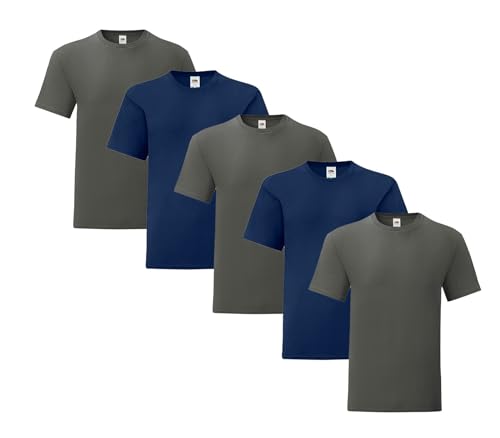 Fruit of the Loom Iconic 5er Sets Herren T-Shirt M L XL 2XL Ringspun Baumwolle, Farbe:3X Graphit 2X Navy & 1x HLKauf-Block, Größe:L von Fruit of the Loom